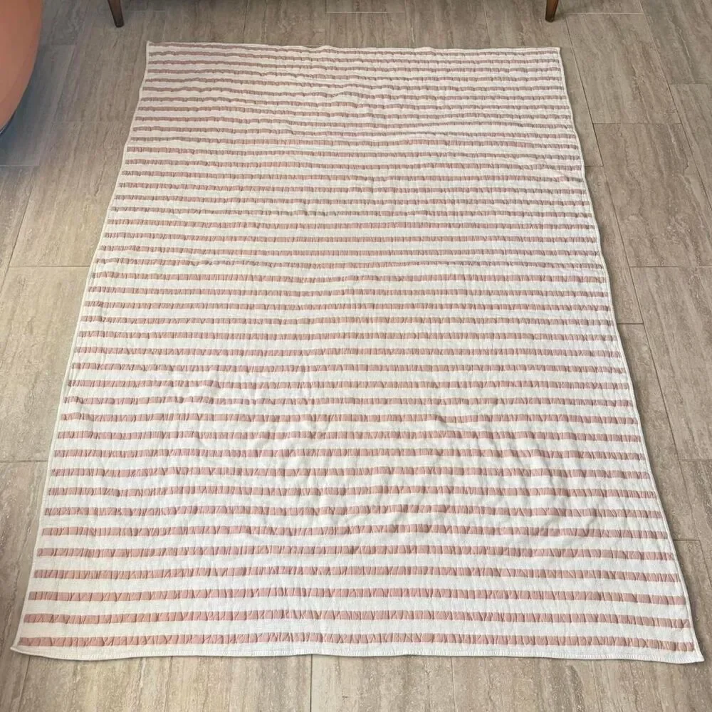 Crate & Barrel Organic Cotton Bedding Quilt set Pink White Waffle knit Striped